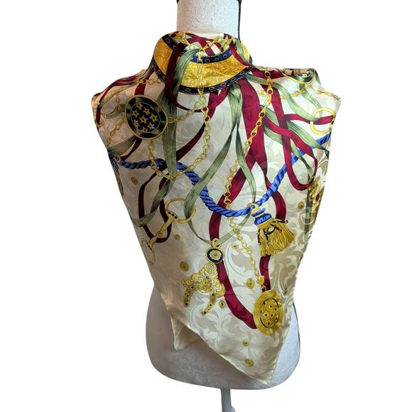 Vintage Accessories - Vtg 100% Silk Baroque Scarf Yellow Elegant Classic Equestrian Mob Wife Italy